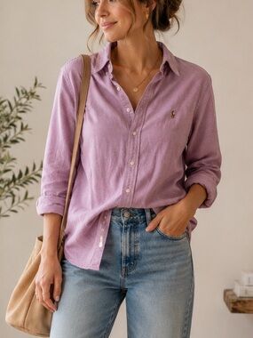 Ralph Lauren Button Down Shirt Women’s Size Medium Purple Relaxed Preppy Classic